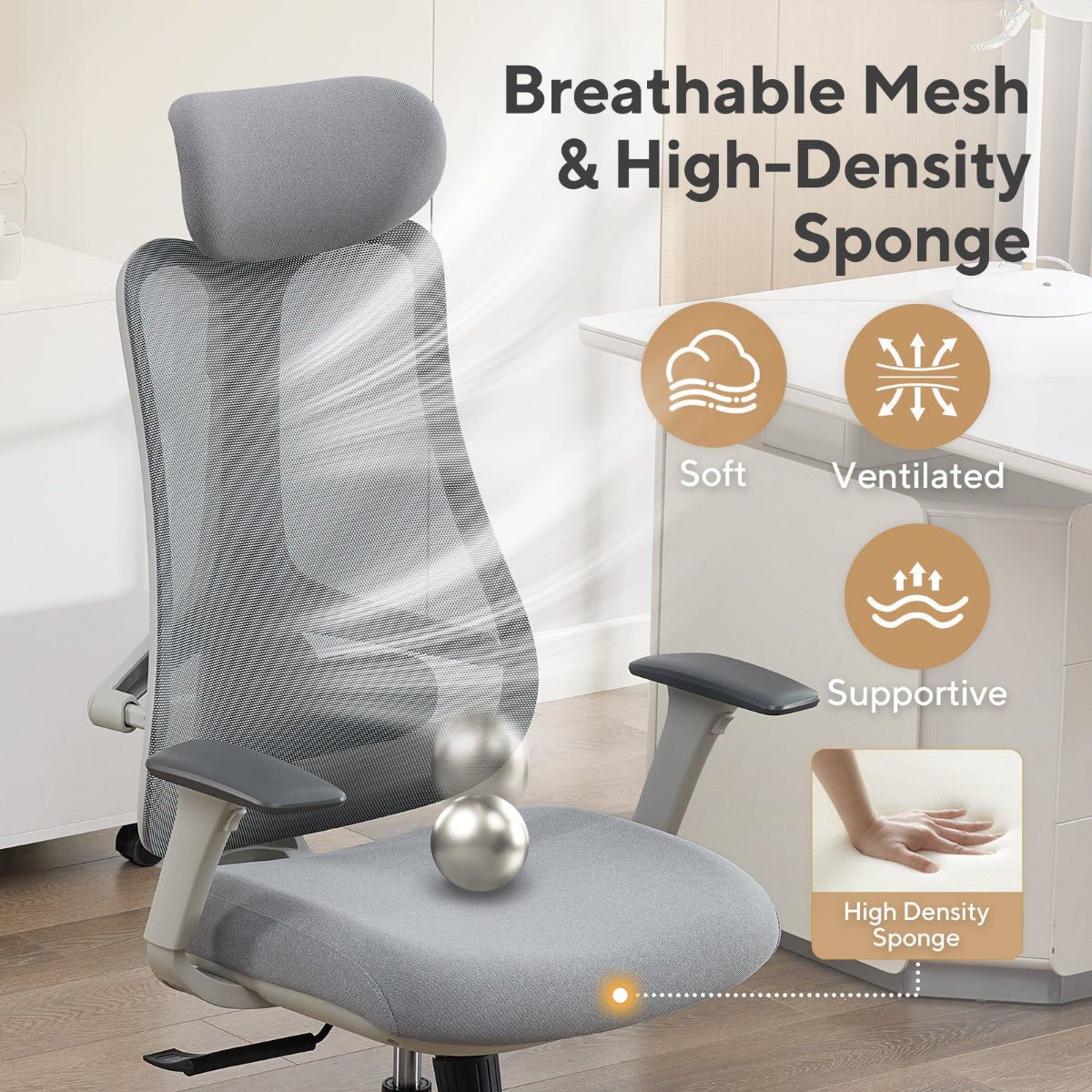 NHO-0024GR,Gray office chair with breathable mesh and high-density sponge features, shown in a home office setting.