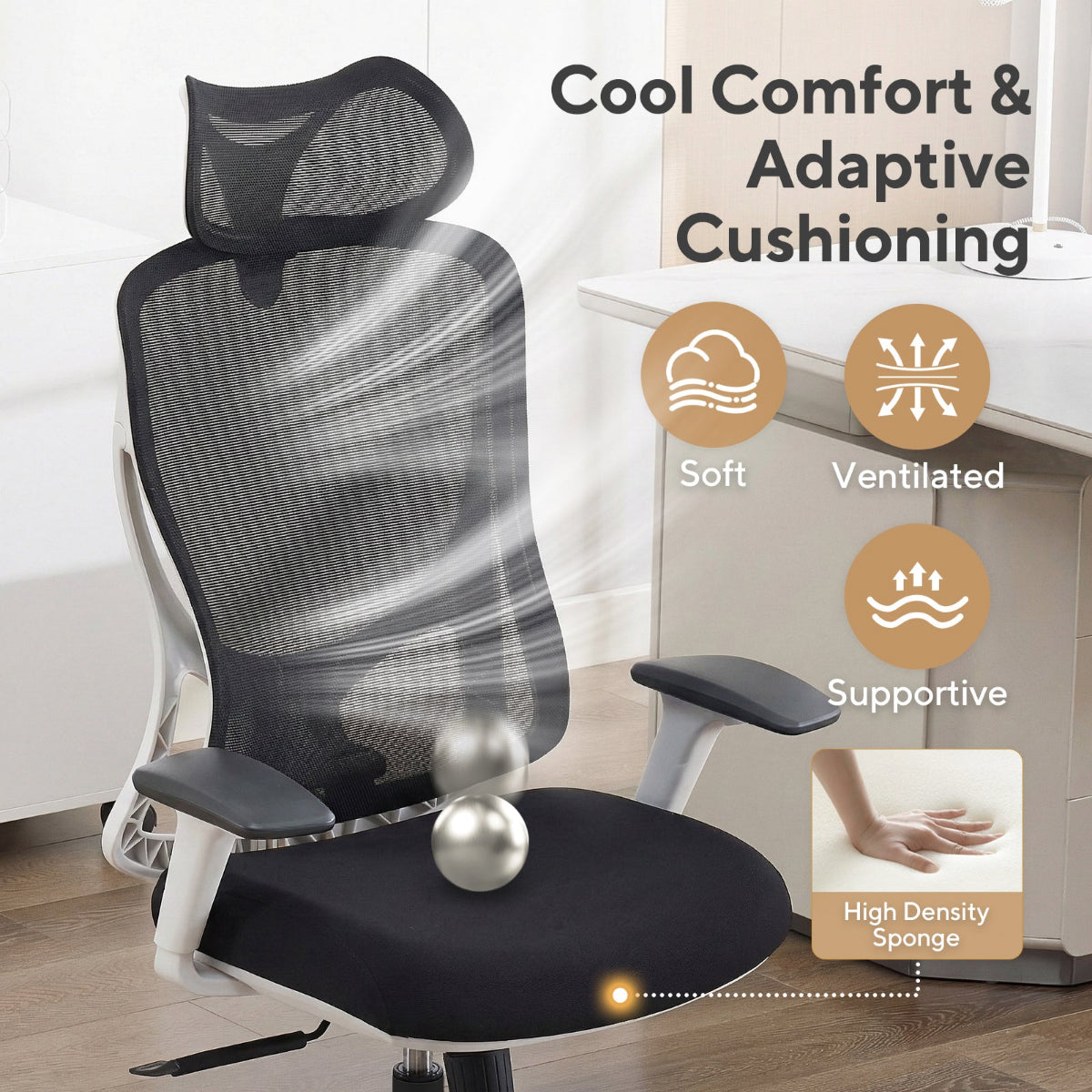 NHO-0026GR,Gray office chair with mesh back and adjustable armrests in a room setting, highlighting comfort features.