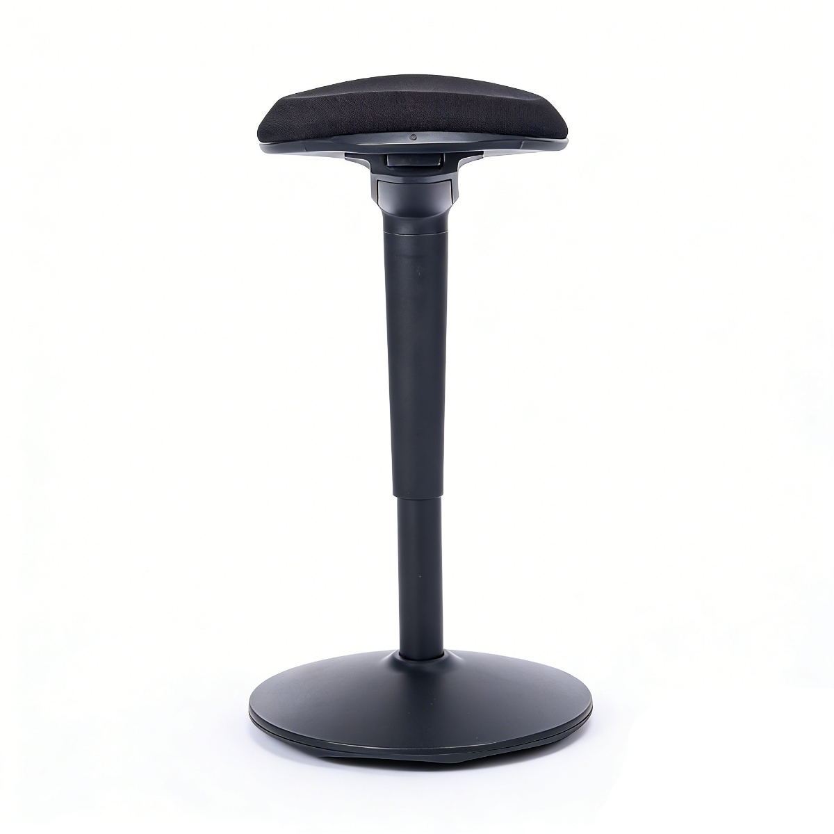 NH0-0019BL, side view of a black active stool with a padded fabric seat, height-adjustable column, and a stable round base, presented against a white background.