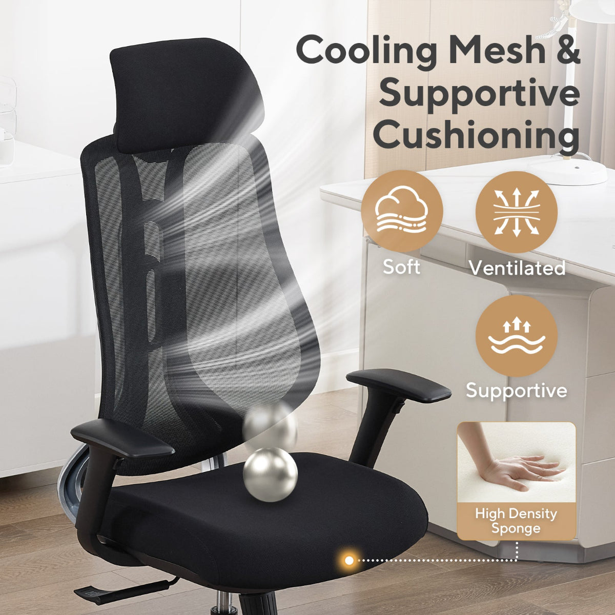 NHO-0025BL,Black office chair with cooling mesh and supportive cushioning features, shown in a home office setting.