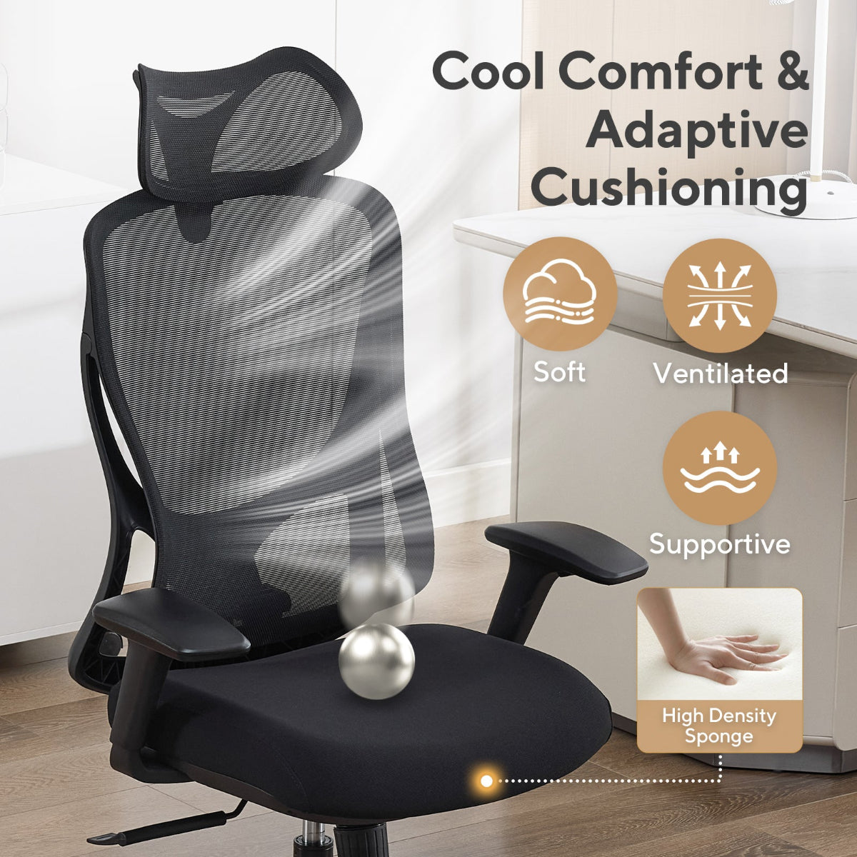 NHO-0026BL,Black office chair with mesh back and adaptive cushioning features, shown in a room setting.