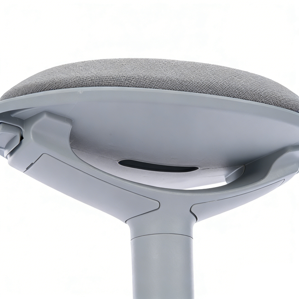 NH0-0019GR, close-up of a gray active stool's seat and frame, showcasing the padded fabric seat and ergonomic plastic base structure.