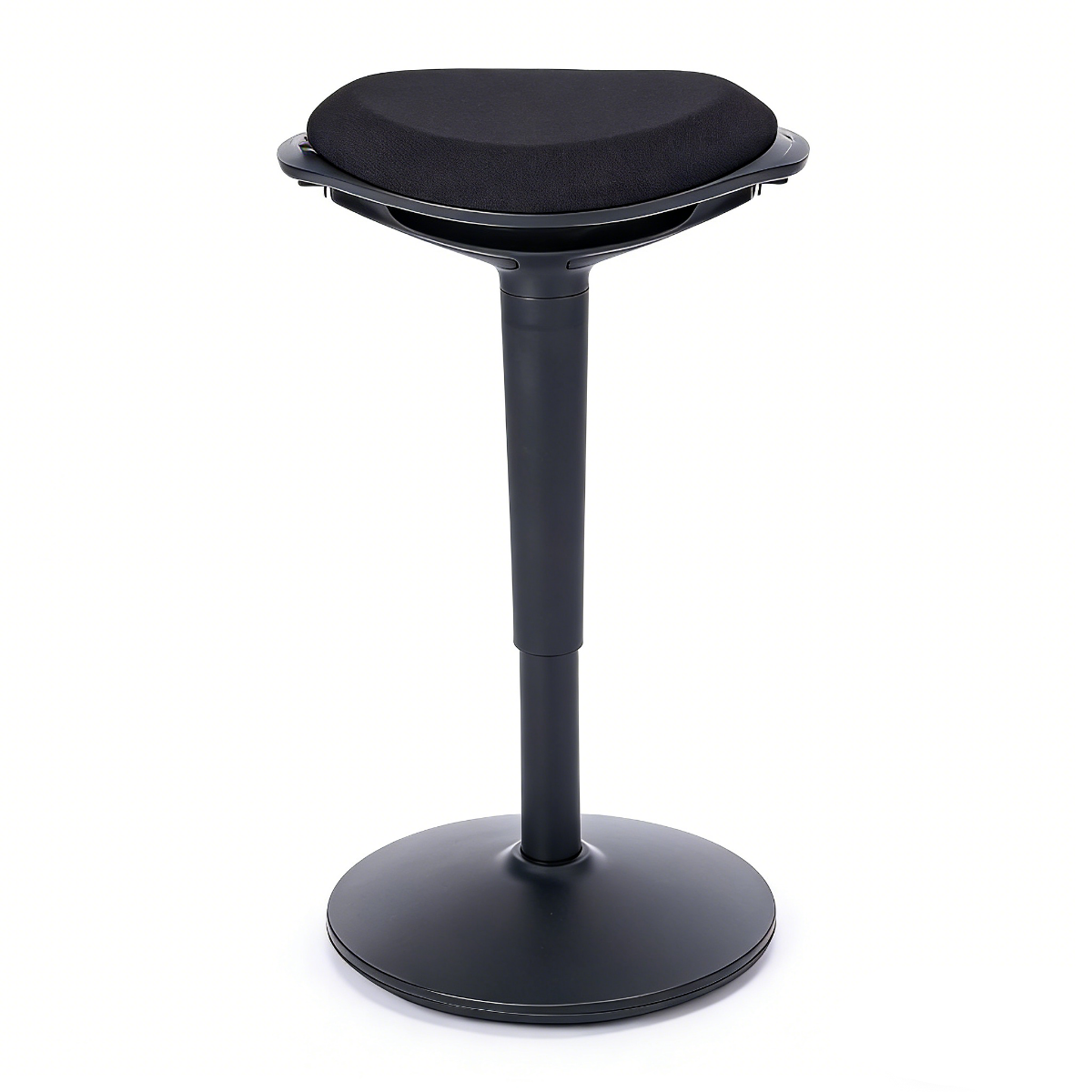 NH0-0019BL, black adjustable-height active stool with a padded fabric seat and a stable round base, presented against a white background.