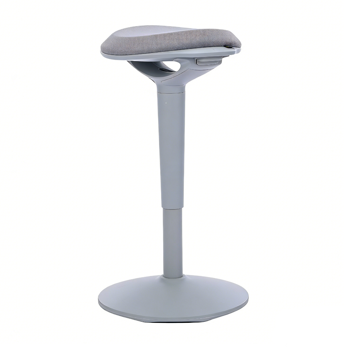 NH0-0019GR, side view of a gray active stool with a padded fabric seat, height-adjustable column, and a stable round base, presented against a white background.
