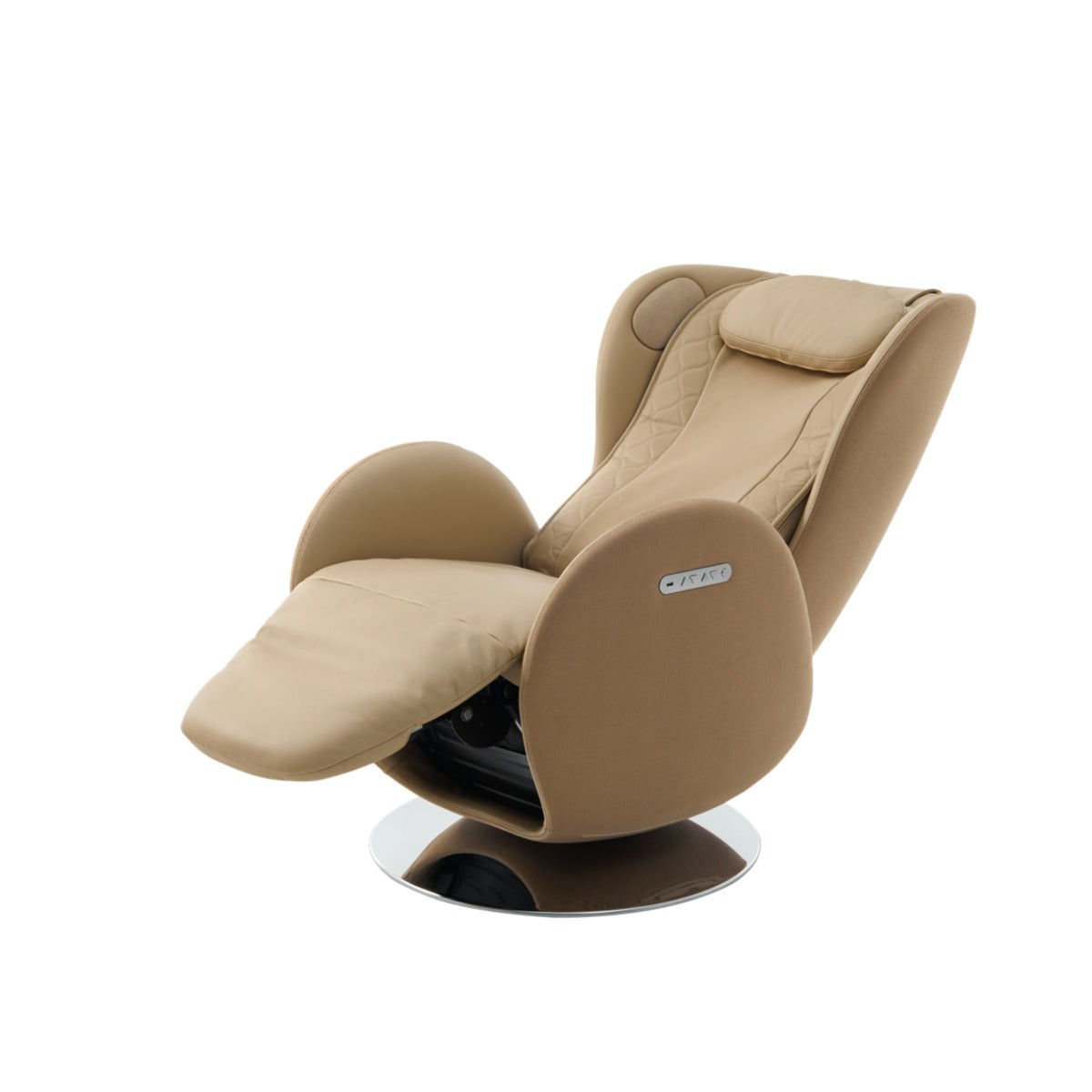 NR-SN100L-SD, a beige massage chair with a matching headrest pillow and extended footrest, mounted on a circular chrome base, shown against a plain white background.