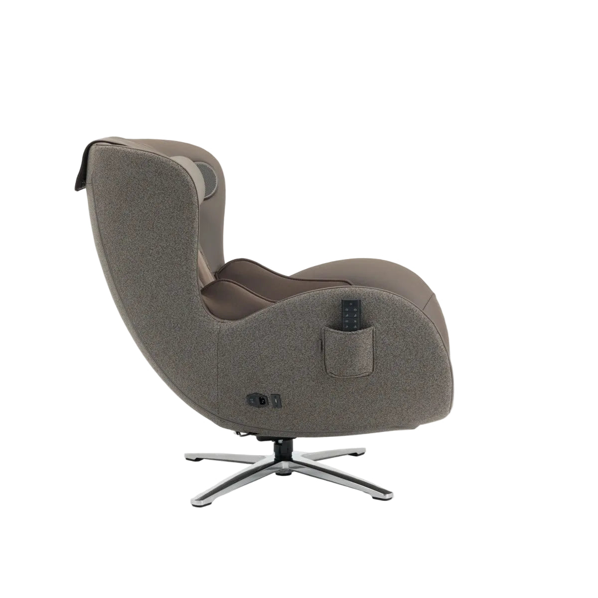 N-0003TB-V3, A modern egg-shaped swivel armchair in textured taupe fabric with a brown seat cushion, a chrome five-star base, and a side pocket holding a remote control, shown against a plain white background.