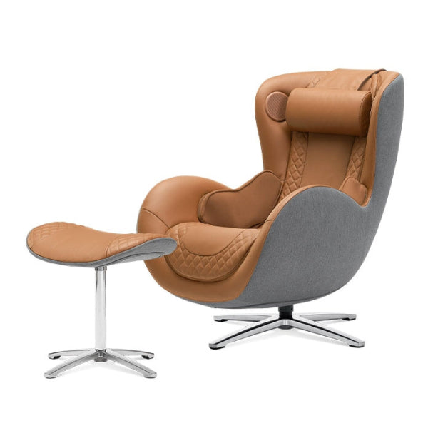 Modern massage chair with brown leather and gray fabric on a white background