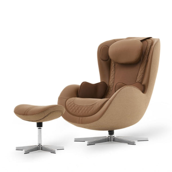 Brown recliner massage chair with ottoman on a white background