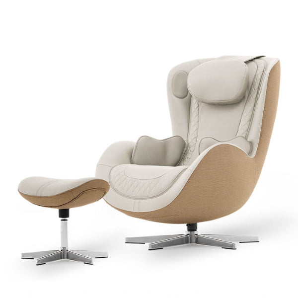 Modern beige massage chair with ottoman on a white background