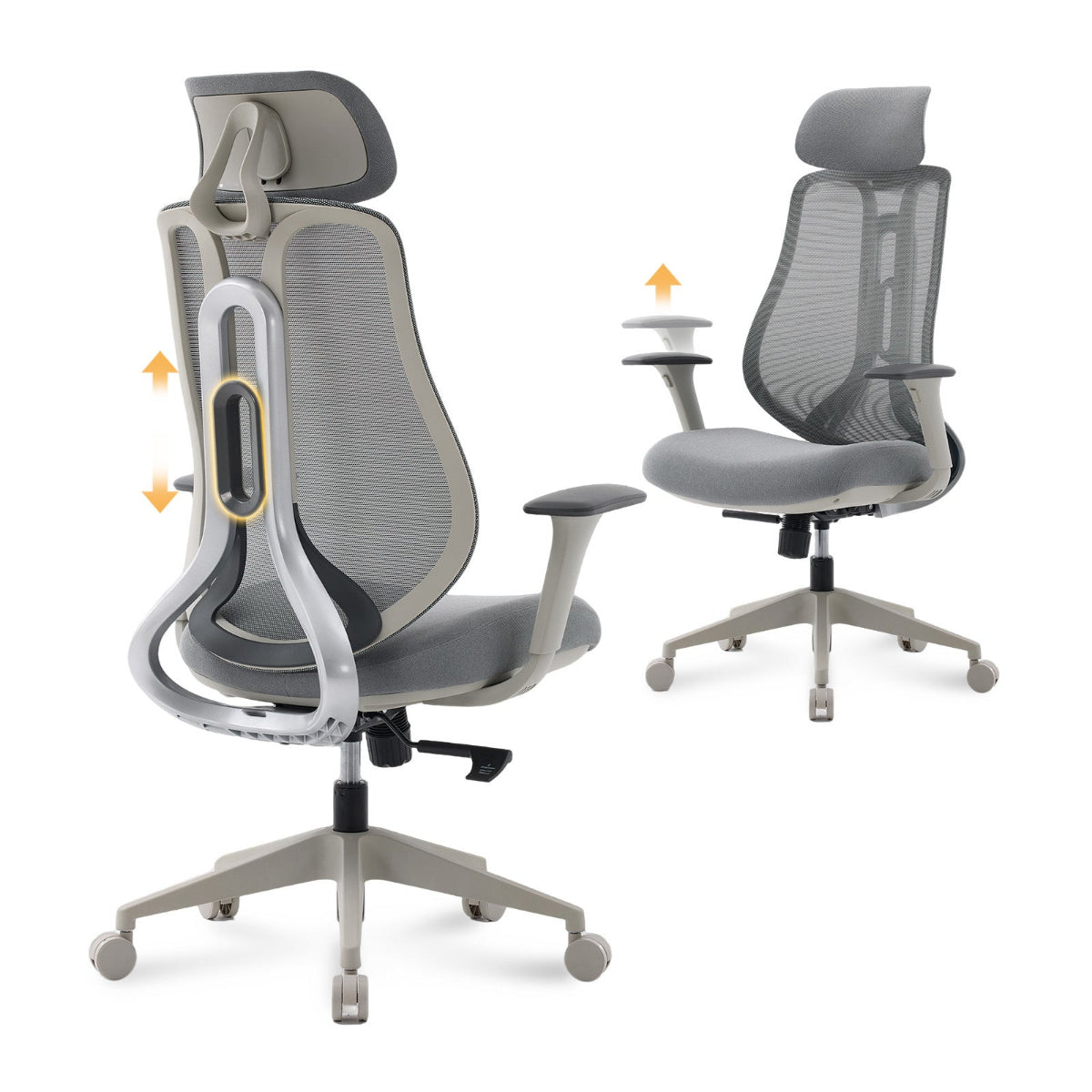 NHO-0025GR,Gray office chair with ergonomic features on a white background