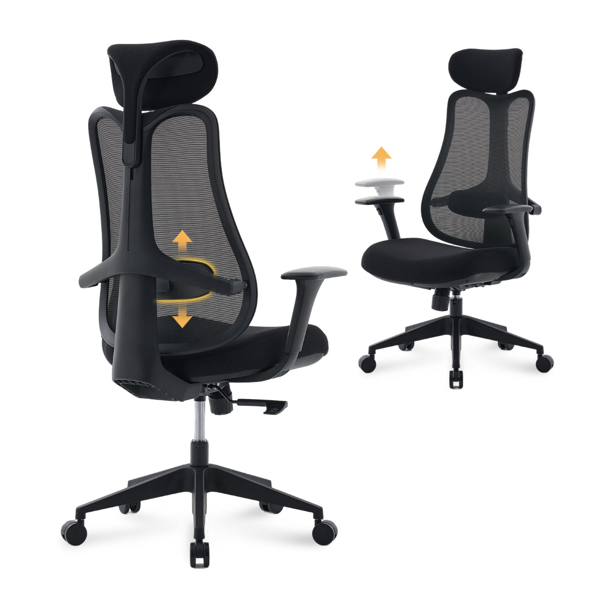 NHO-0024BL,Black office chair with mesh back and adjustable armrests on a white background