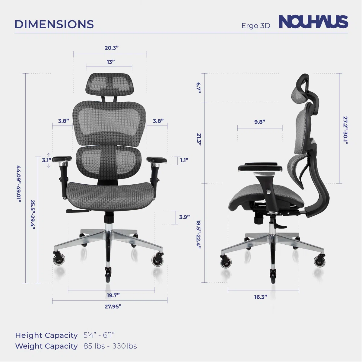 NHO-0001GR-V2,Ergonomic chair dimensions chart with Nouhaus branding
