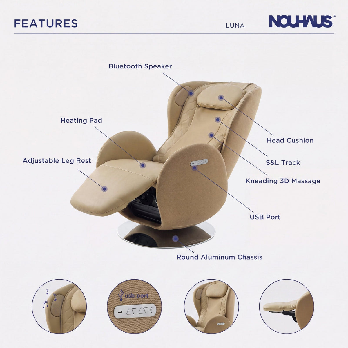 NR-SN100L-SD, a beige NOUHAUS LUNA massage chair shown on a light gray background with feature callouts and four circular inset detail views. The main chair is labeled with features including Bluetooth Speaker, Heating Pad, Adjustable Leg Rest, Head Cushion, S&L Track, Kneading 3D Massage, USB Port, and Round Aluminum Chassis.