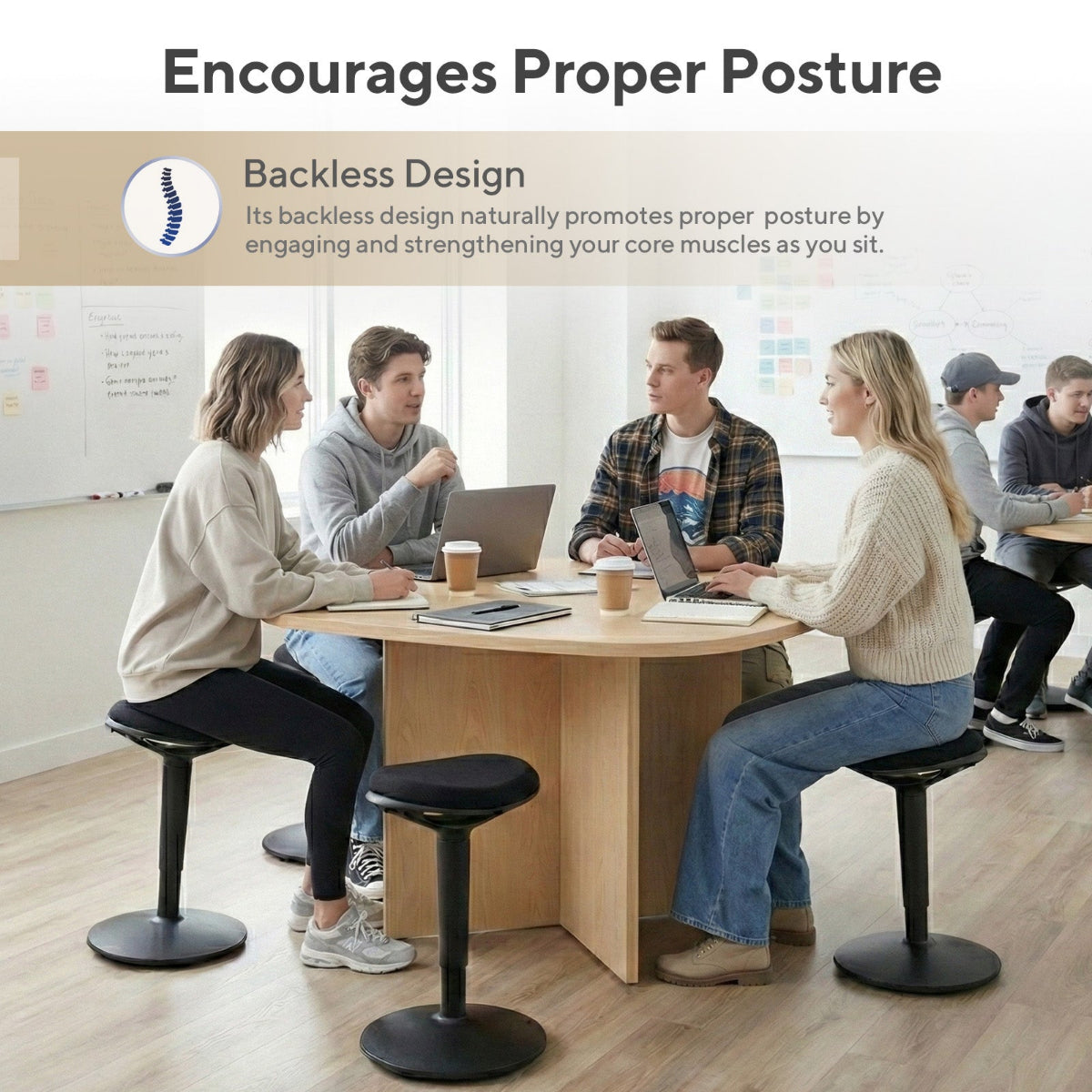 NH0-0019BL, group of people using black backless wobble stools around a conference table, highlighting the design that encourages proper posture by engaging core muscles.