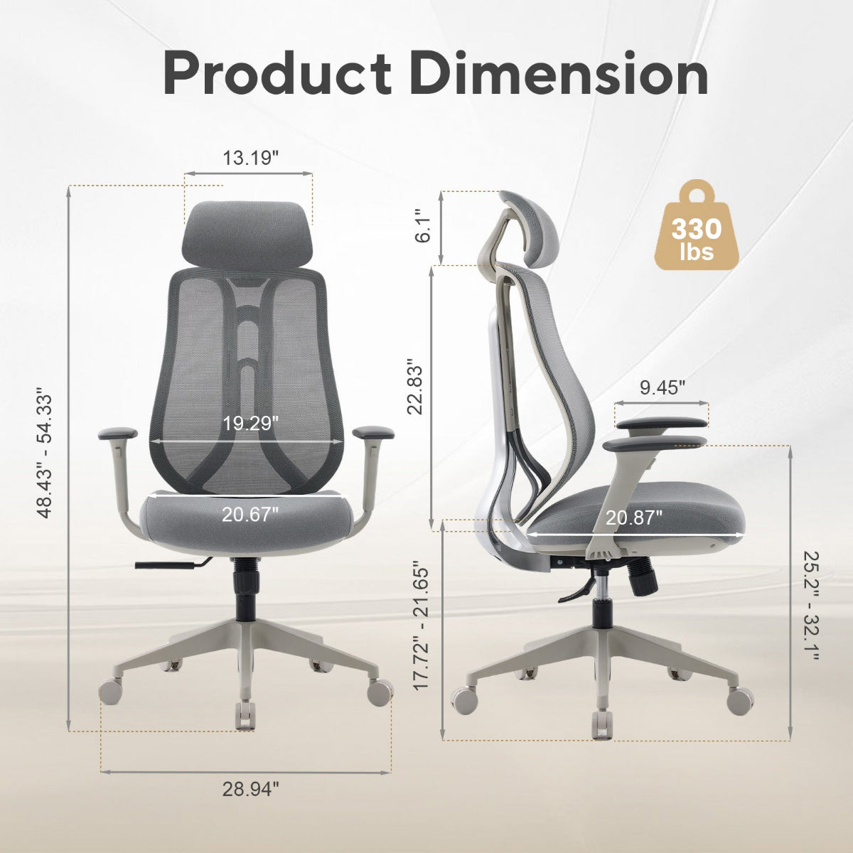 NHO-0025GR,Office chair with dimensions and weight capacity displayed on a beige background