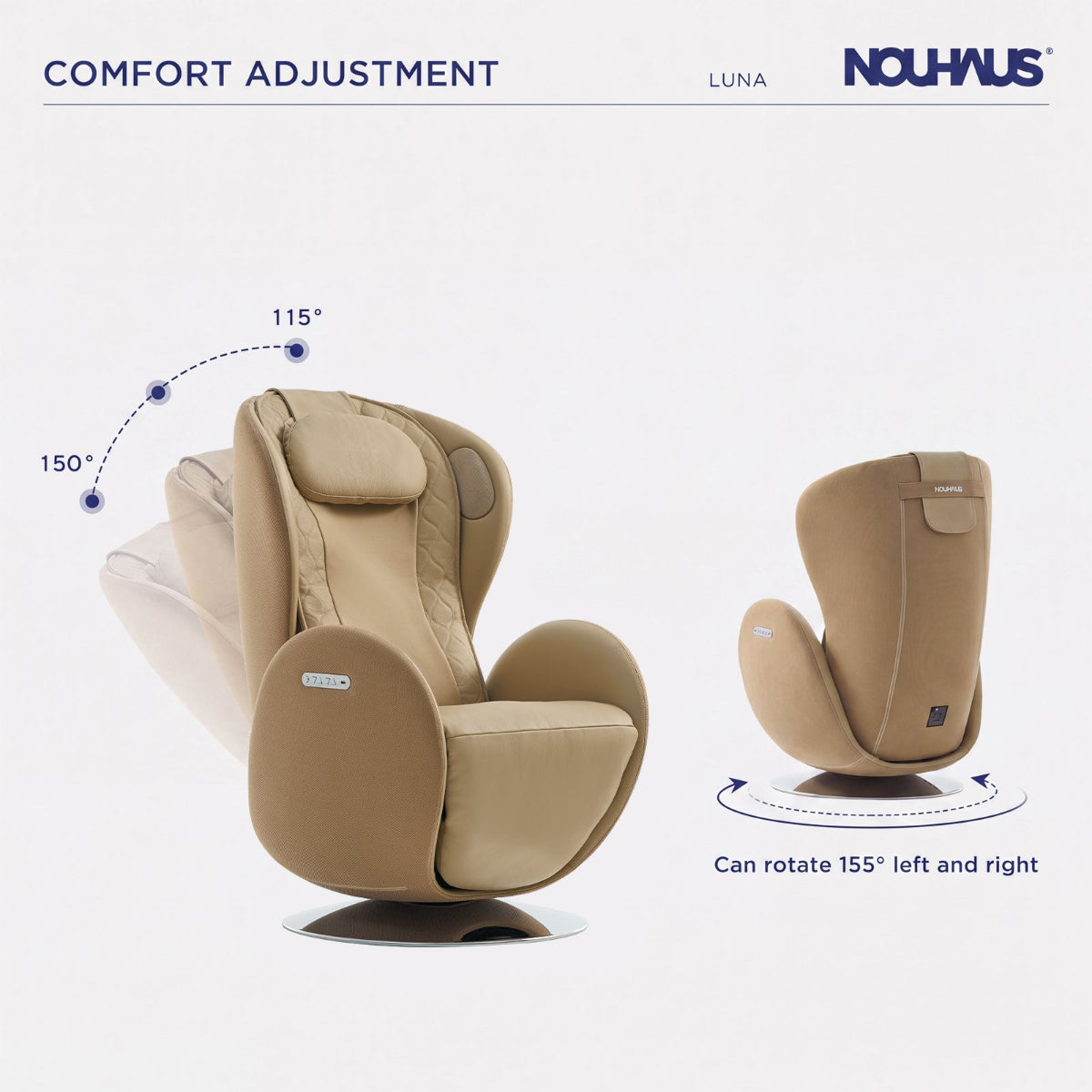 NR-SN100L-SD, NOUHAUS LUNA massage chair shown in a comfort adjustment view with text explaining rotation and angle adjustment, on a light gray background.