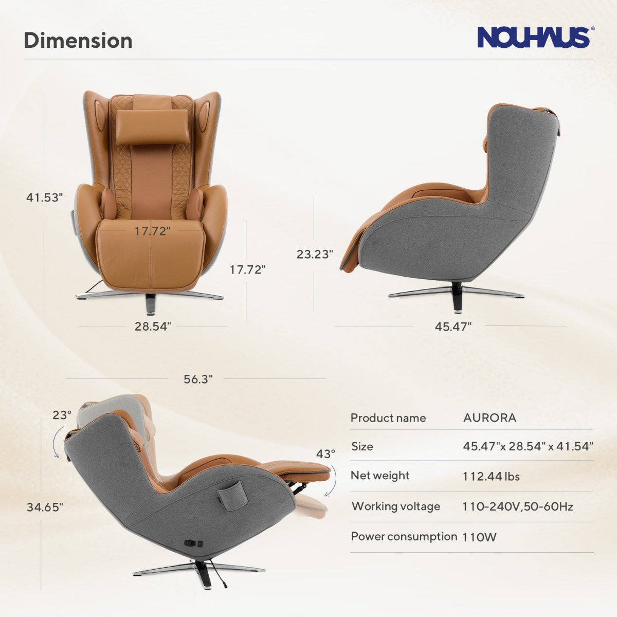 N-0006CM-V2,Dimensions of a recliner chair with Nouhaus branding