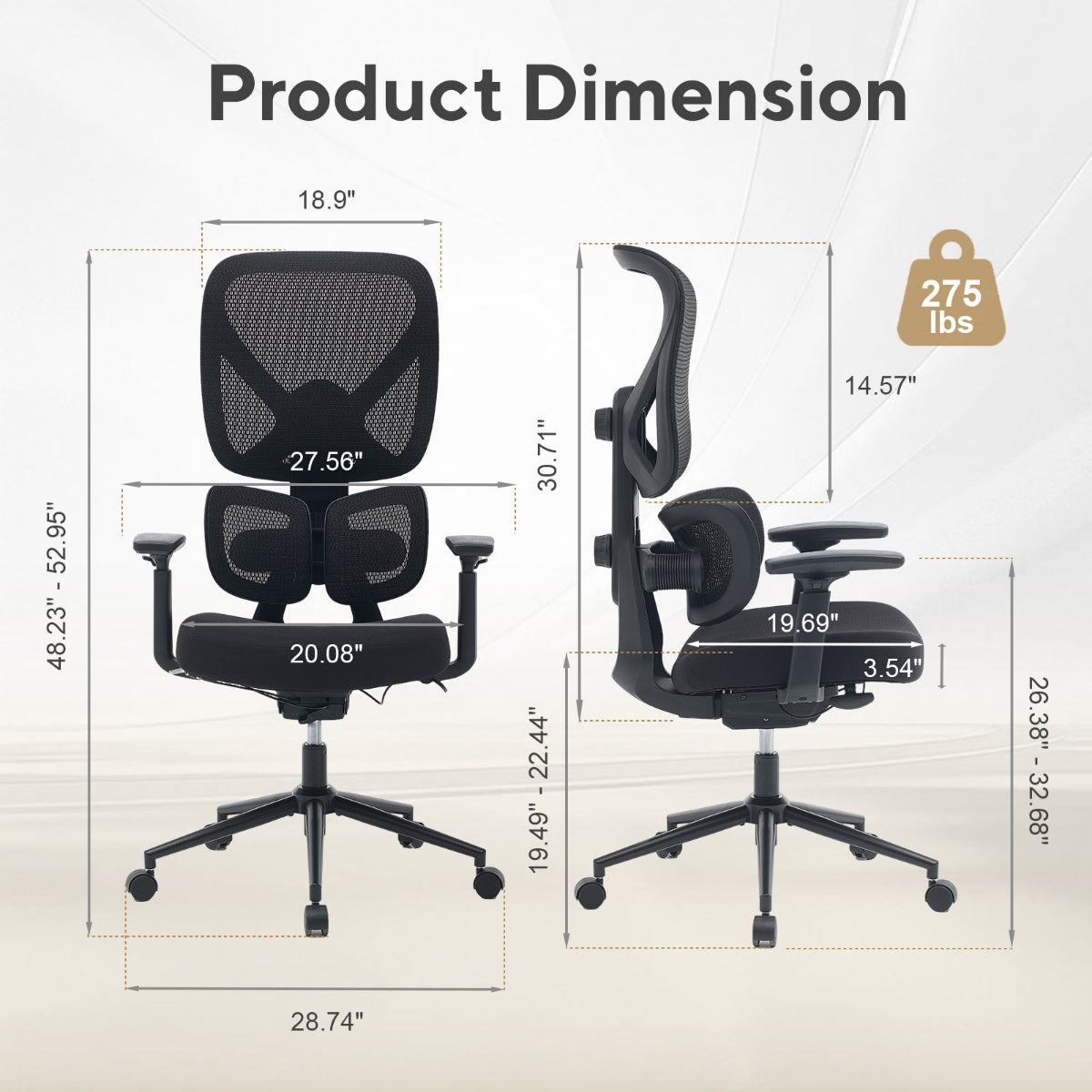 NH0-0023BL,Black office chair with dimensions labeled on a white background