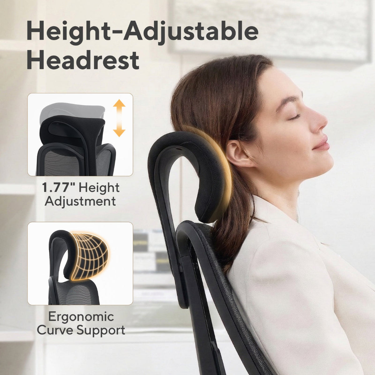 NHO-0024BL,Woman using a height-adjustable headrest with text and icons on a blurred office background
