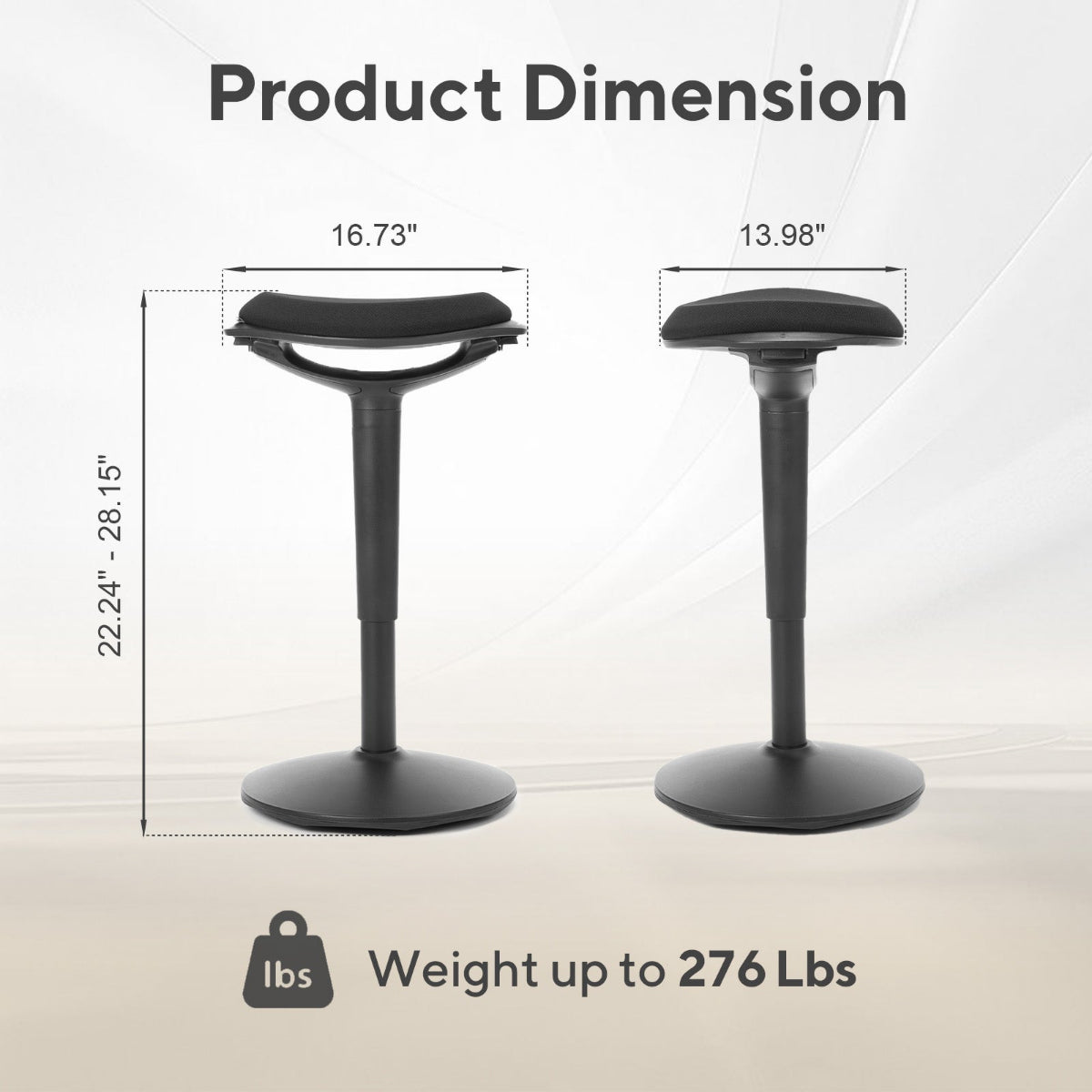 NH0-0019BL, product dimension diagram for a black active stool, showing two models with seat widths of 16.73" and 13.98", an adjustable height range of 22.24"–28.15", and a weight capacity of 276 lbs.