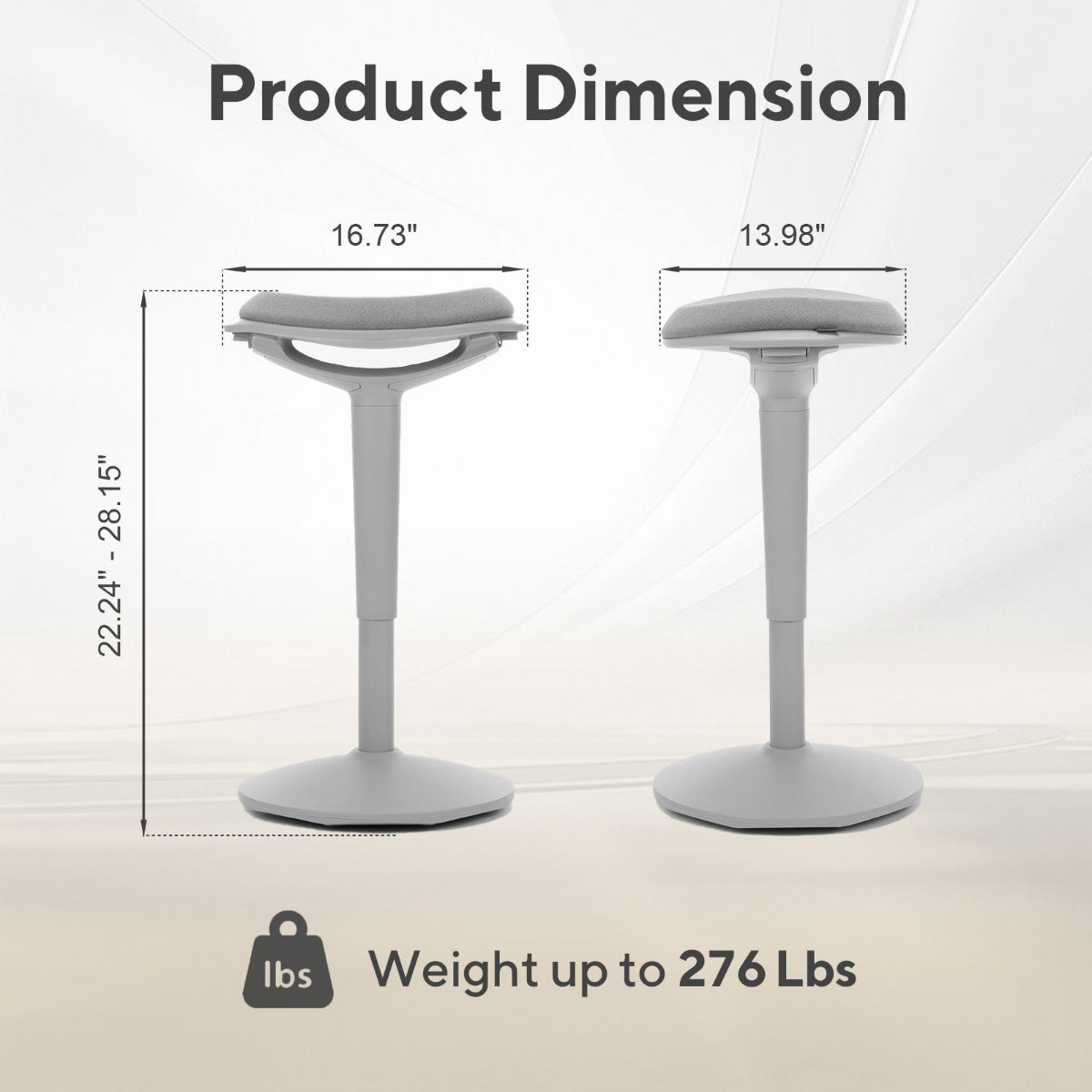 NH0-0019GR, product dimension diagram for a gray active stool, showing two models with seat widths of 16.73" and 13.98", an adjustable height range of 22.24"–28.15", and a weight capacity of 276 lbs.