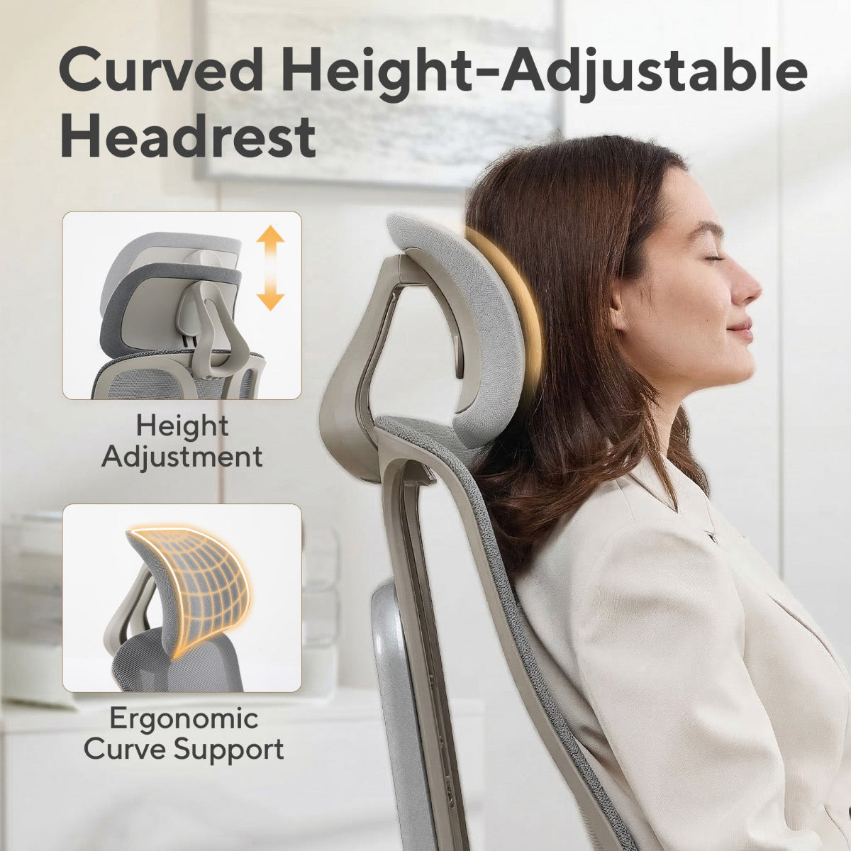 NHO-0025GR,Woman using a curved height-adjustable headrest with text and icons on a blurred indoor background