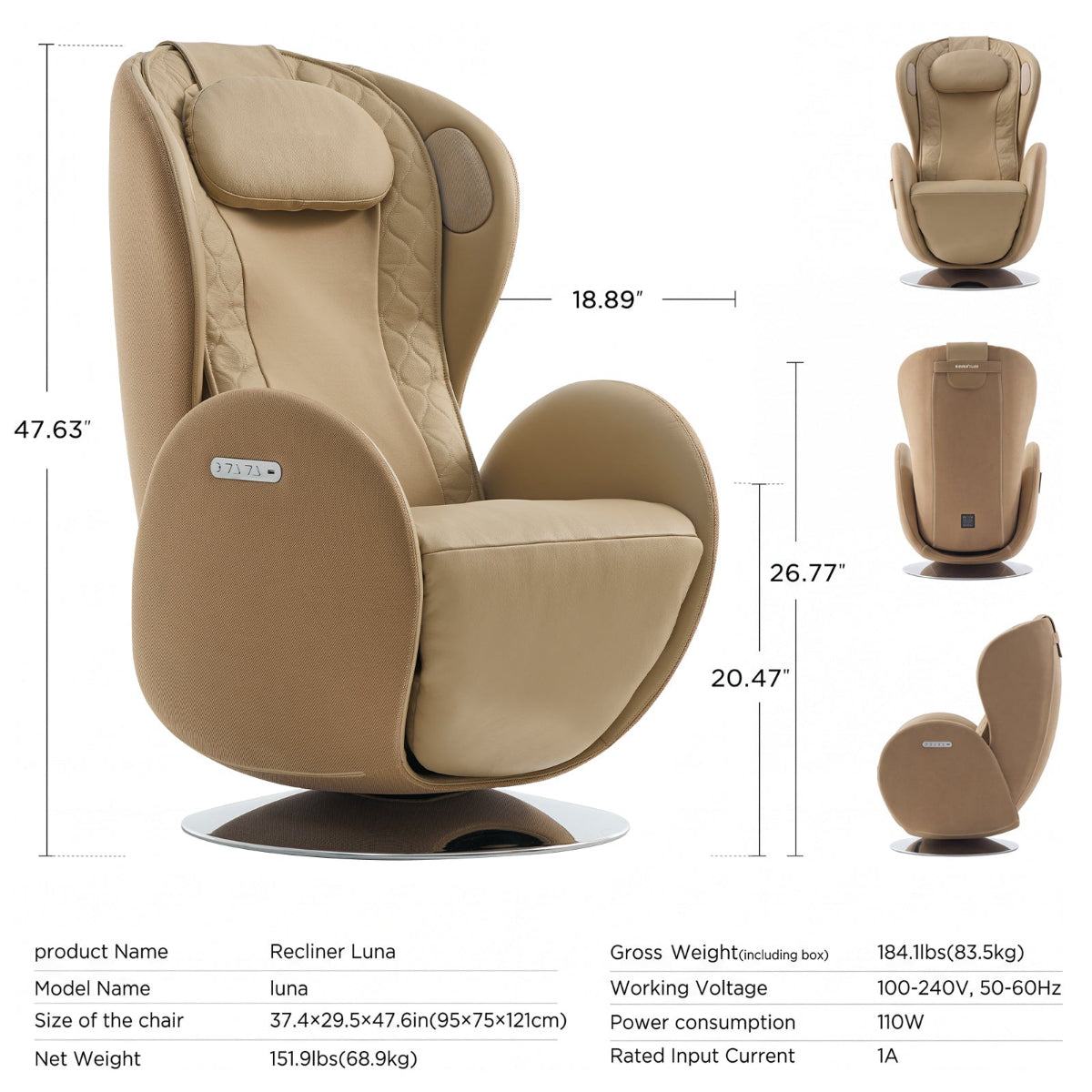 NR-SN100L-SD, beige recliner chair shown on a white background with dimension callouts and product specs. The main view shows the chair from the front with height, width, and depth measurements, plus smaller side/back views and a specification table below.