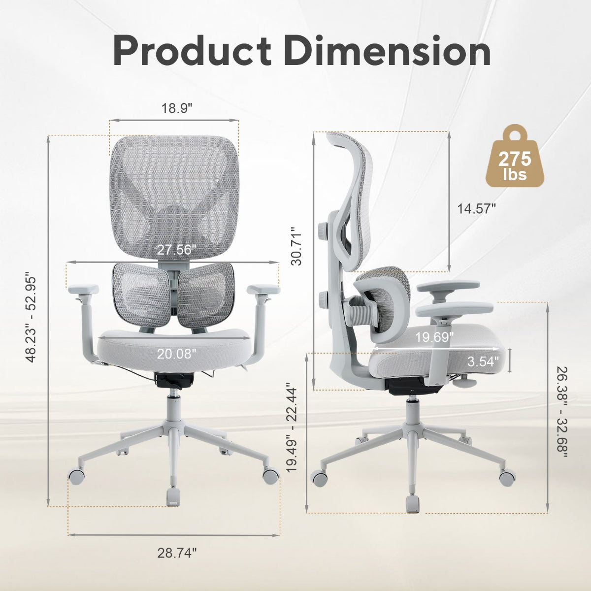 NH0-0023GR,Ergonomic office chair with dimensions and weight capacity displayed.
