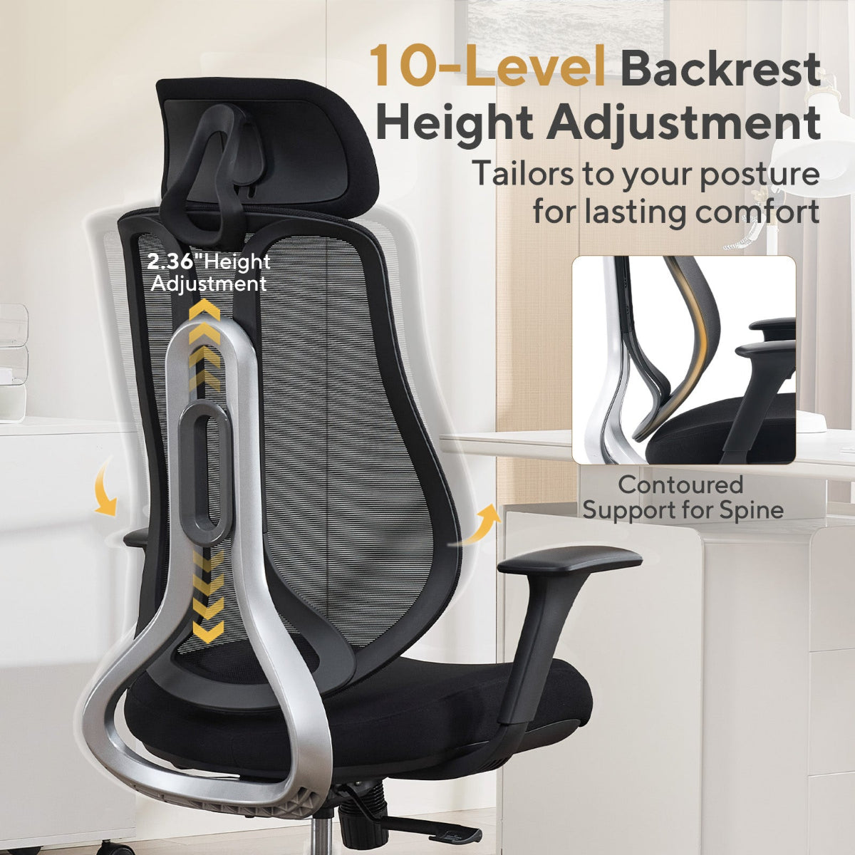 NHO-0025BL,Ergonomic office chair with 10-level backrest height adjustment feature on a white background.