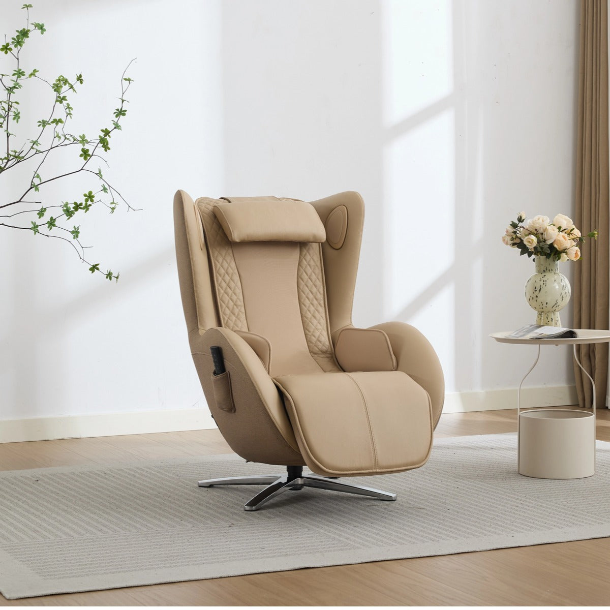 N-0006SD-V2,Mellow Sand recliner chair in a bright room with a vase of flowers on a small table.