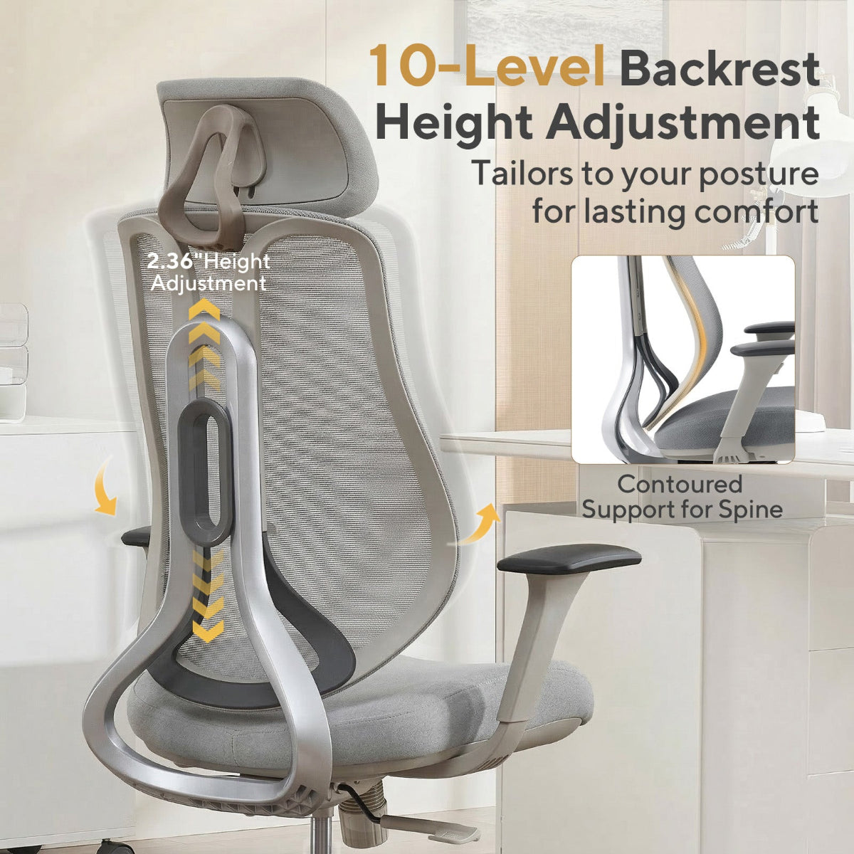 NHO-0025GR,Ergonomic office chair with 10-level backrest height adjustment features.