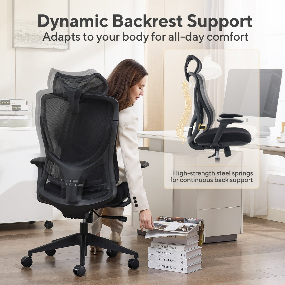 NHO-0026BL,Ergonomic office chair with dynamic backrest support in a home office setting.