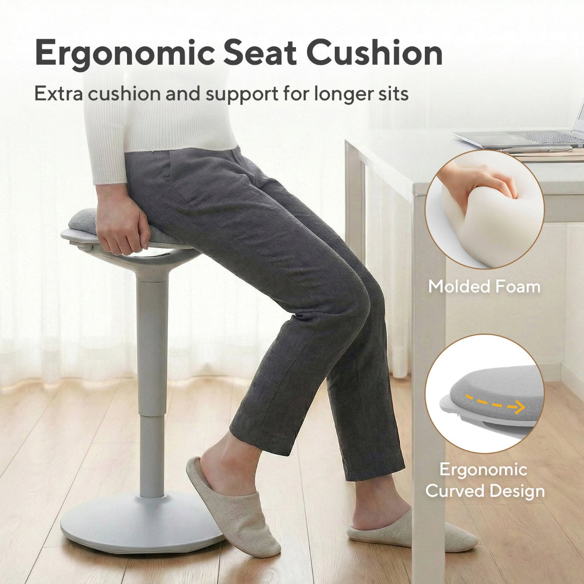 NH0-0019GR, infographic showcasing a gray active stool's ergonomic seat cushion, highlighting molded foam padding and a curved design for extended sitting comfort.