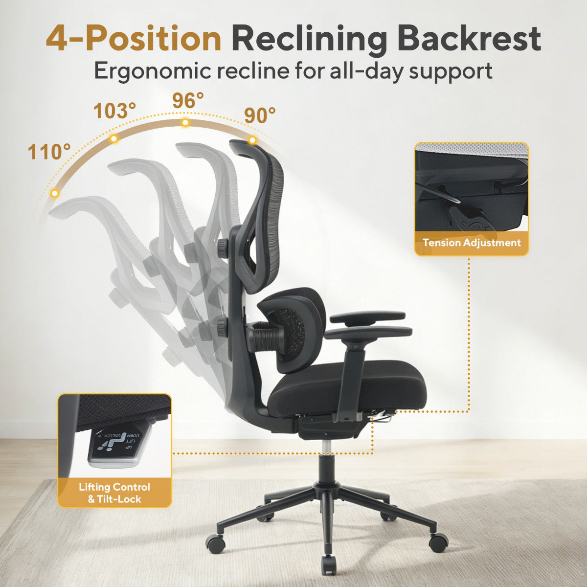 Ergonomic office chair with reclining backrest features on a white background