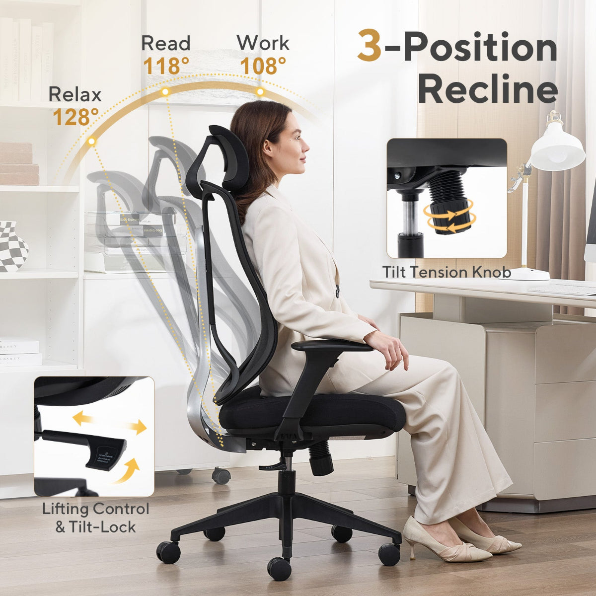 NHO-0025BL,Woman sitting in a ergonomic office chair with adjustable features highlighted, in a home office setting.
