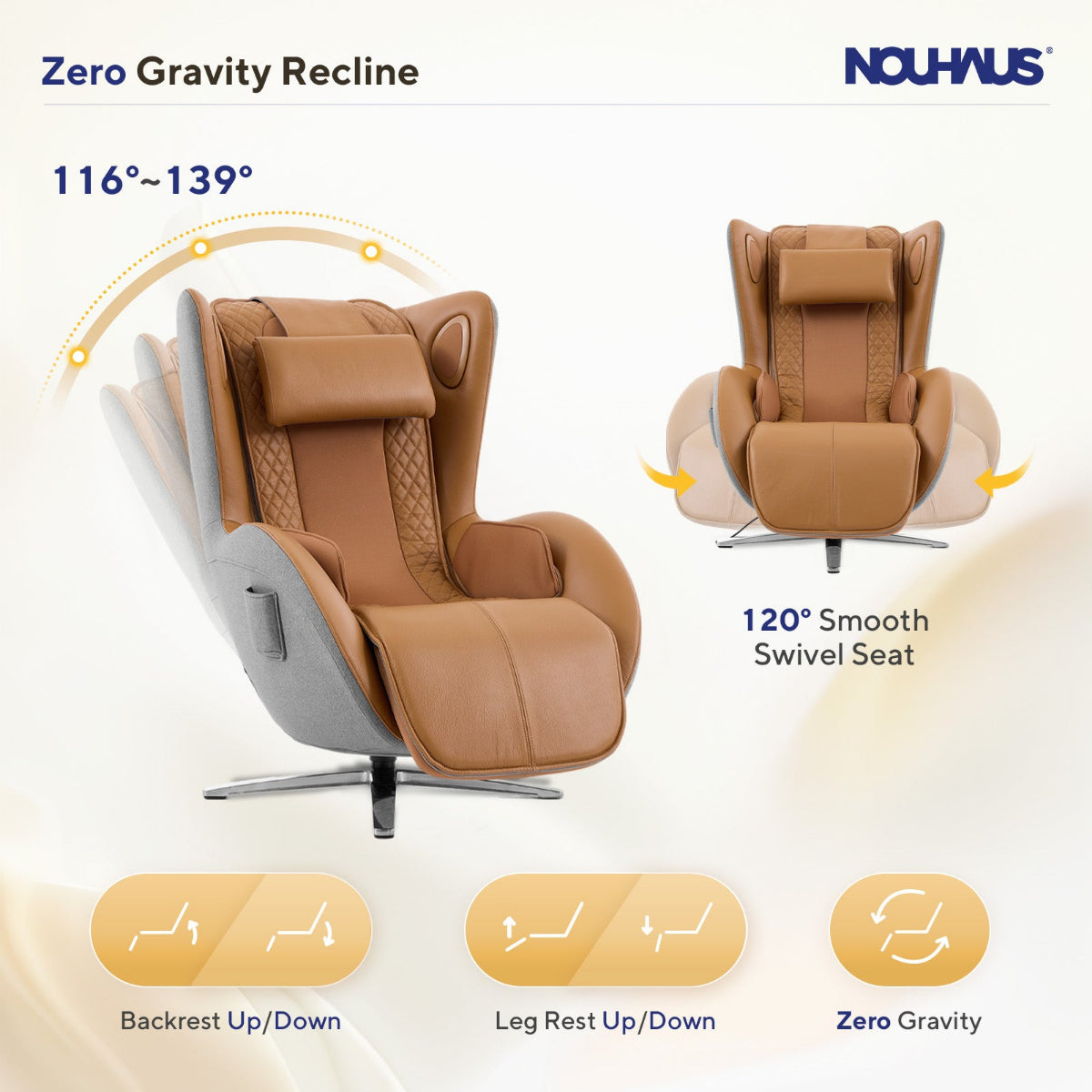 N-0006CM-V2,Brown massage chair with features highlighted on a white background, featuring the Nouhaus brand.