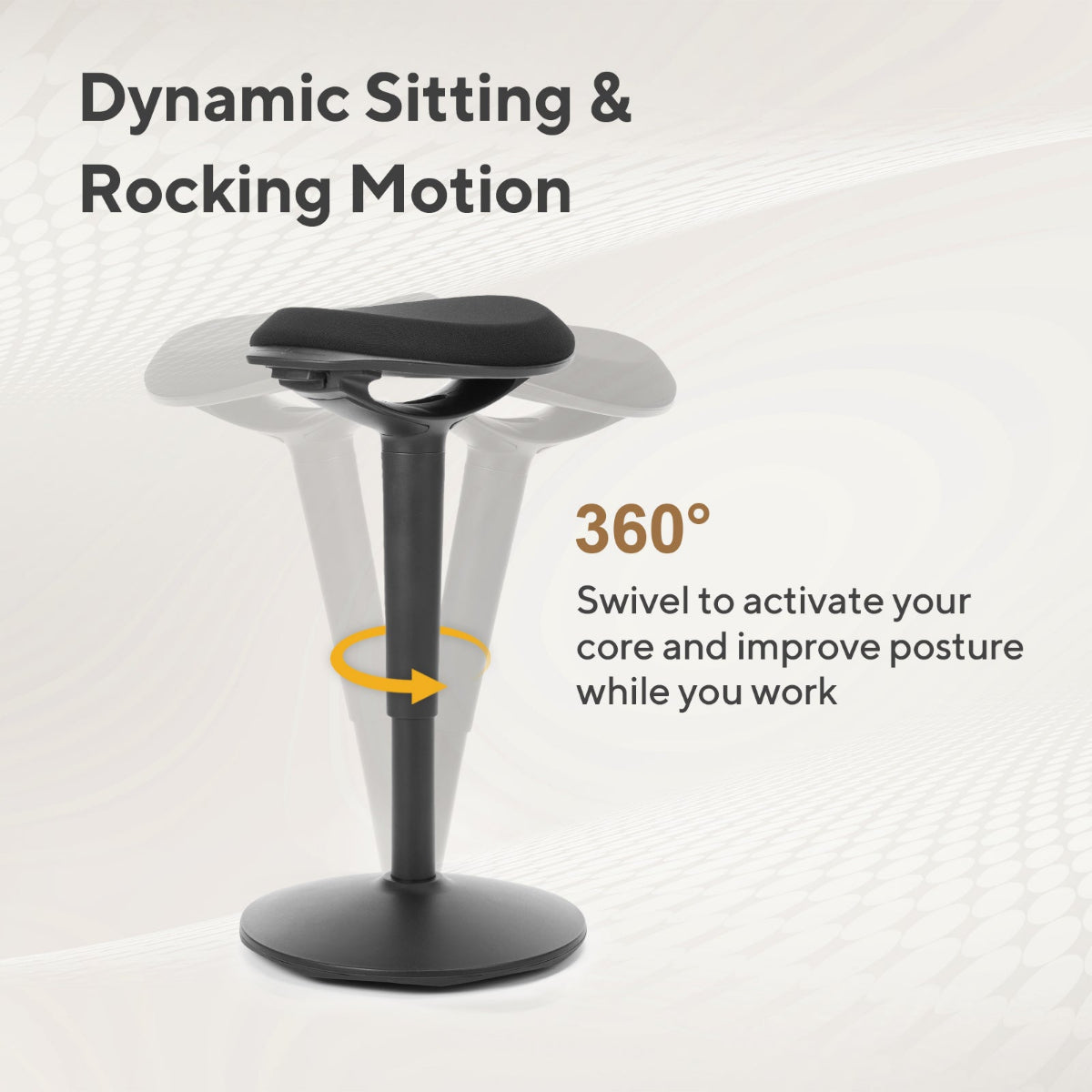 NH0-0019BL, infographic of a black active stool highlighting its dynamic sitting and rocking motion, including 360° swivel to support core engagement and better posture.
