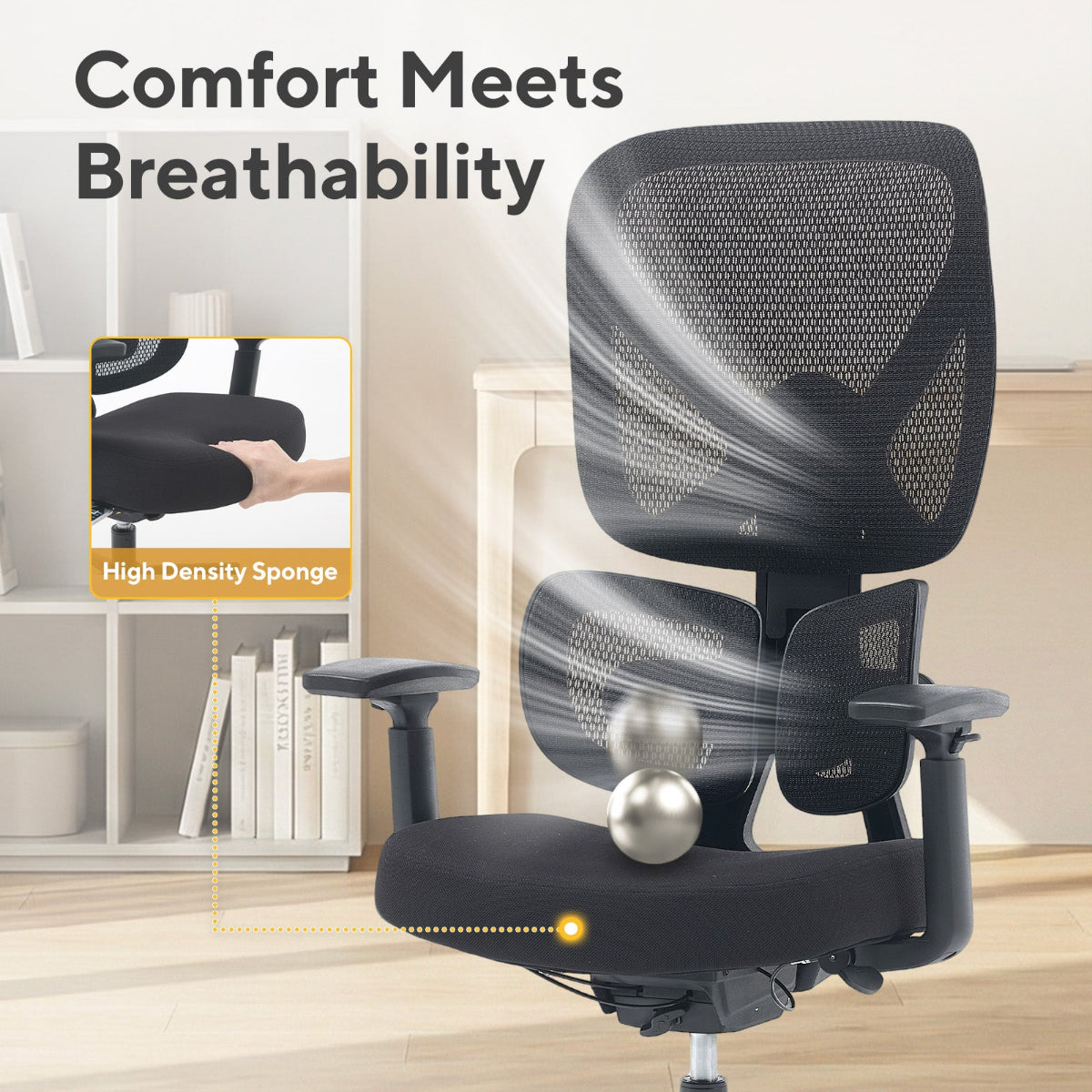 NH0-0023BL,Black office chair with mesh back and high-density sponge feature, shown in a home office setting.