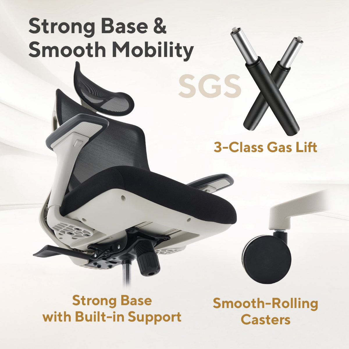 NHO-0026GR,Ergonomic chair with SGS logo and text highlighting features on a white background