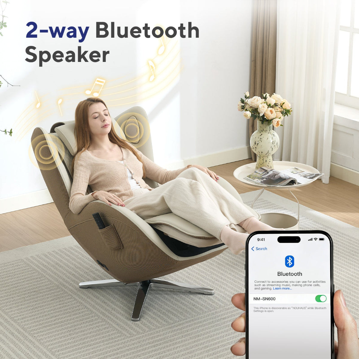 N-0006EW-V2,Woman relaxing in a massage chair with a 2-way Bluetooth speaker, holding a phone showing Bluetooth connection.