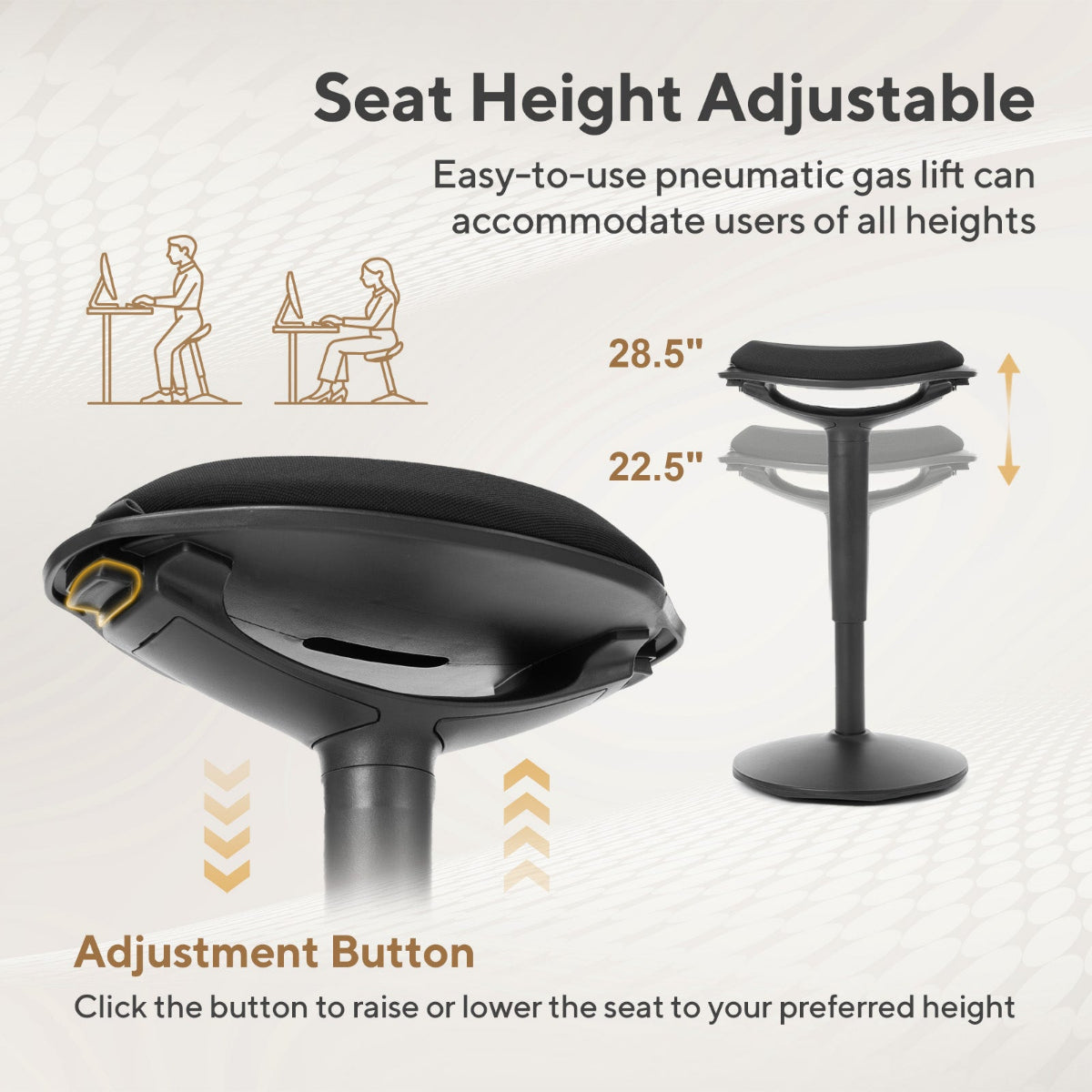 NH0-0019BL, infographic of a black active stool highlighting its pneumatic height-adjustable feature, with a range of 22.5" to 28.5", an adjustment button, and suitability for users of all heights.