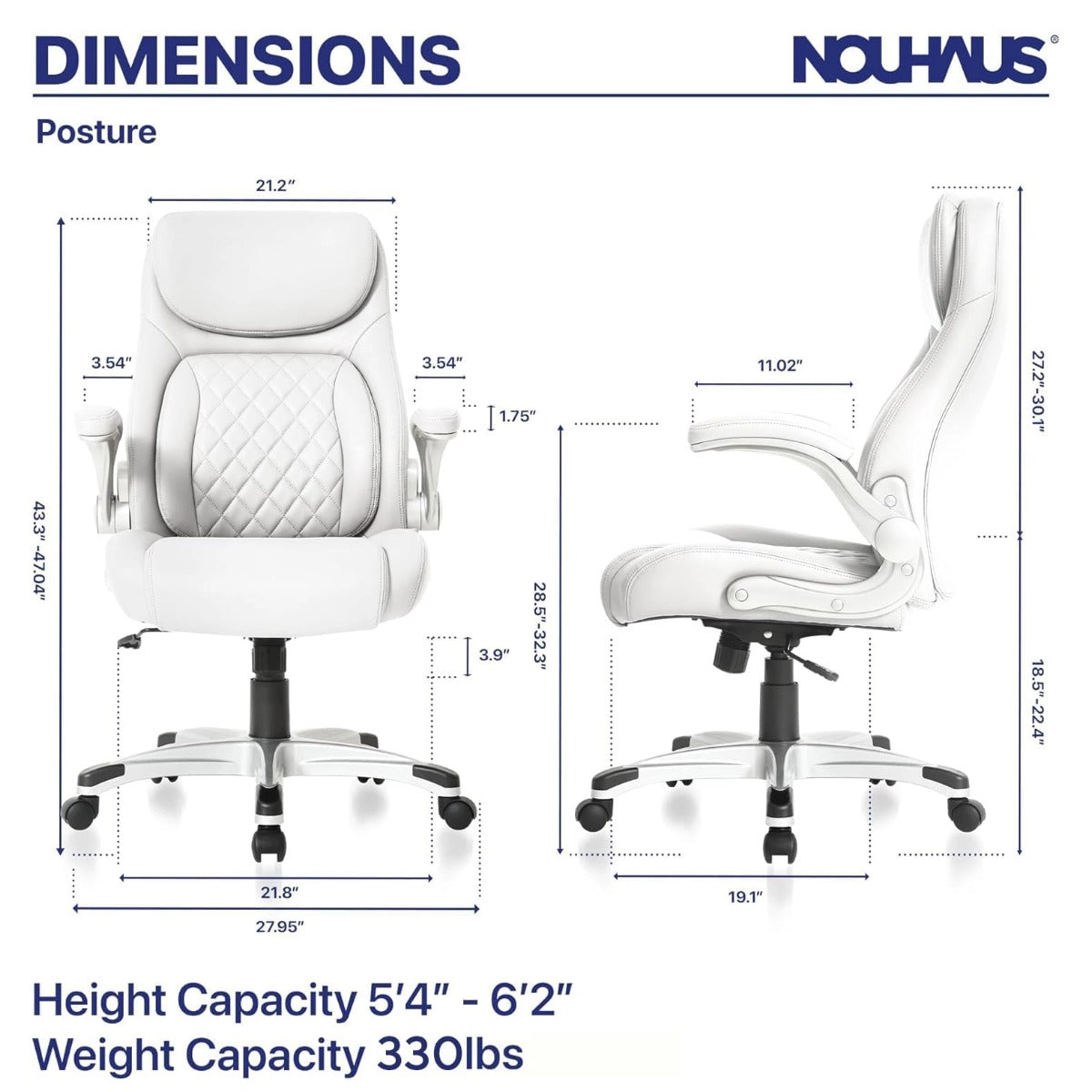 NHO-0004WH,White office chair with dimensions and Nouhaus branding on a white background