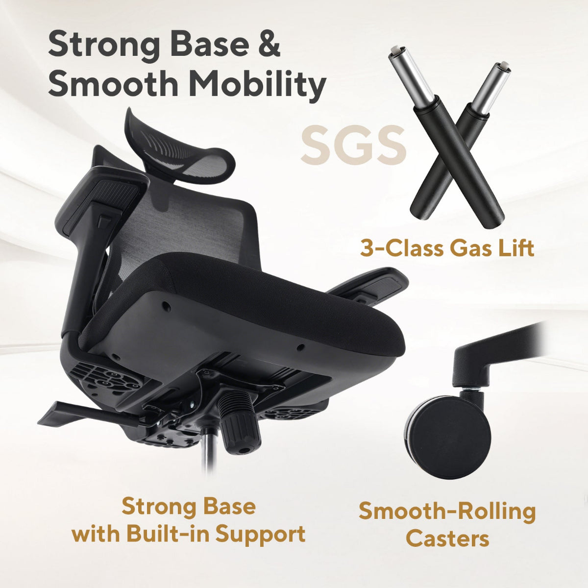 NHO-0026BL,Ergonomic chair with SGS 3-Class Gas Lift and built-in support features on a white background.