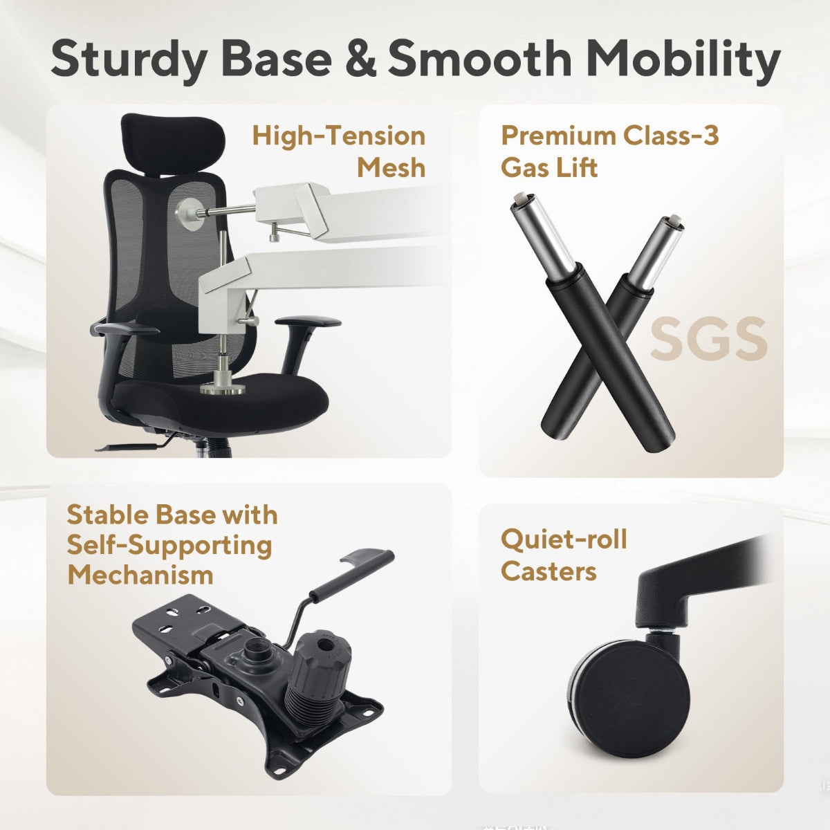 NHO-0024BL,Ergonomic chair with features highlighted on a beige background