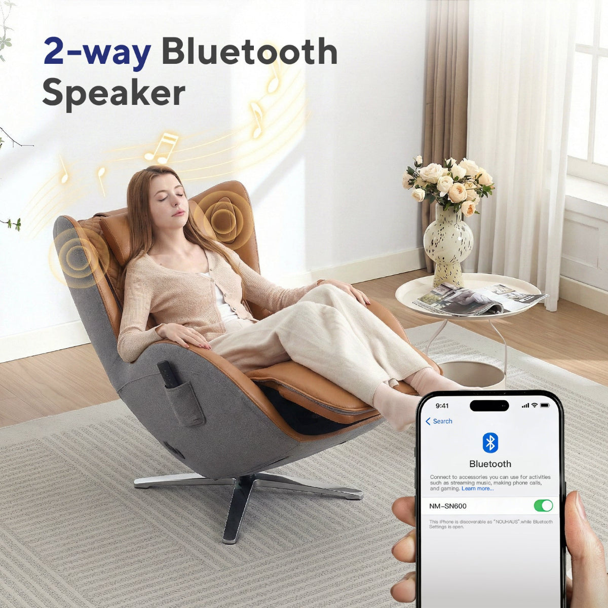 N-0006CM-V2,Woman relaxing in a modern chair with a 2-way Bluetooth speaker, holding a smartphone showing Bluetooth connection.