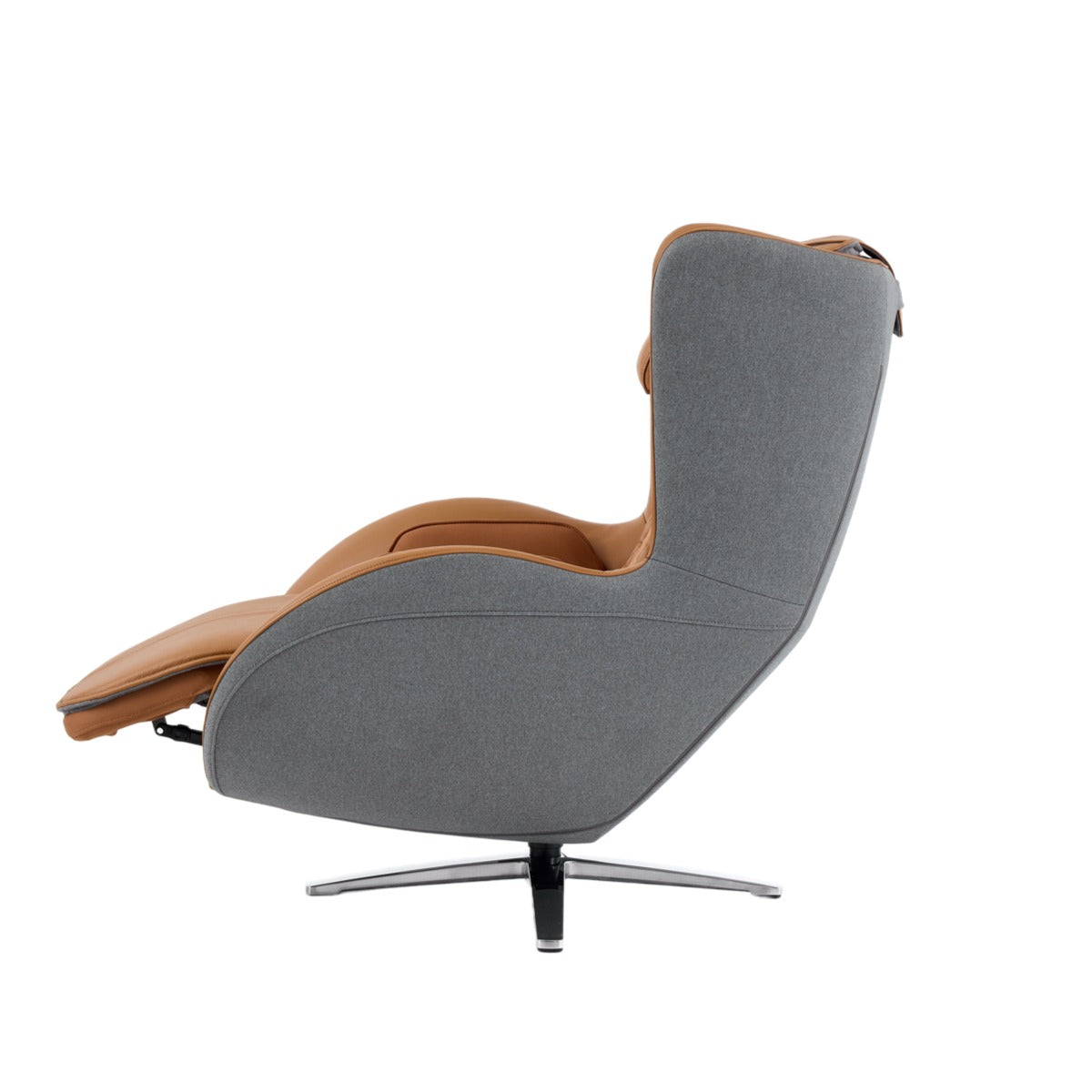 N-0006CM-V2,Modern chair with gray cushioned backrest and brown seat on a white background