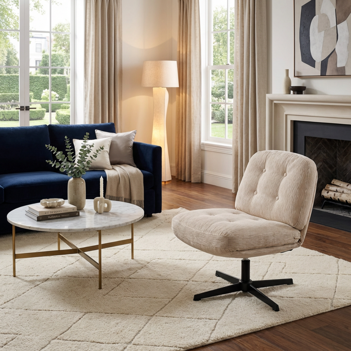NHO-0016WH, Modern living room with a navy blue sofa, beige armchair, and marble coffee table.