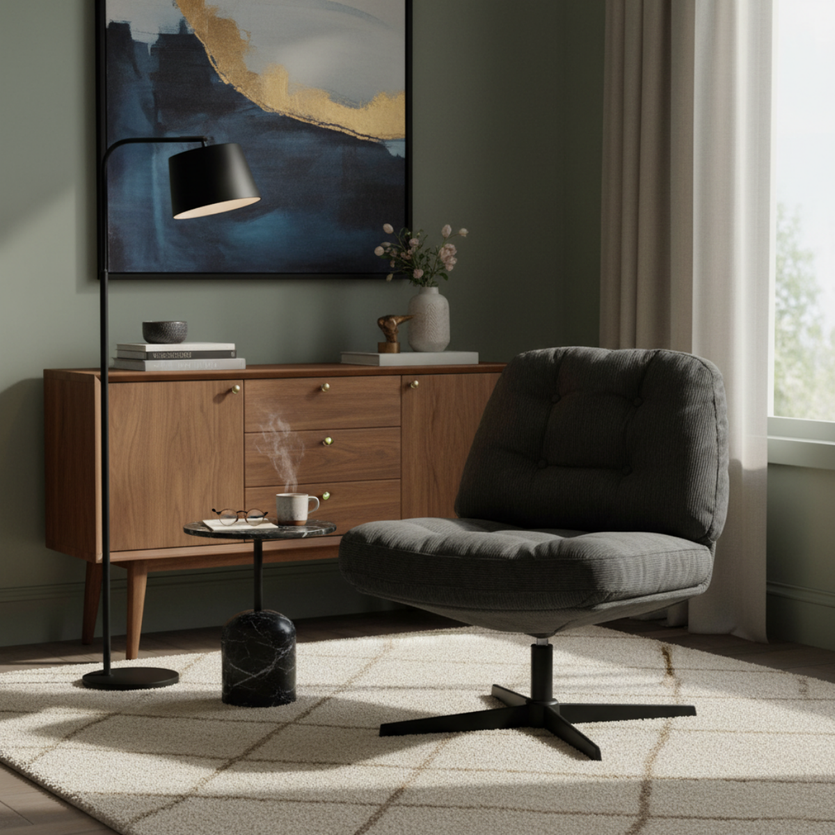 NHO-0016BL, Modern living room with a gray chair, wooden sideboard, and abstract painting.