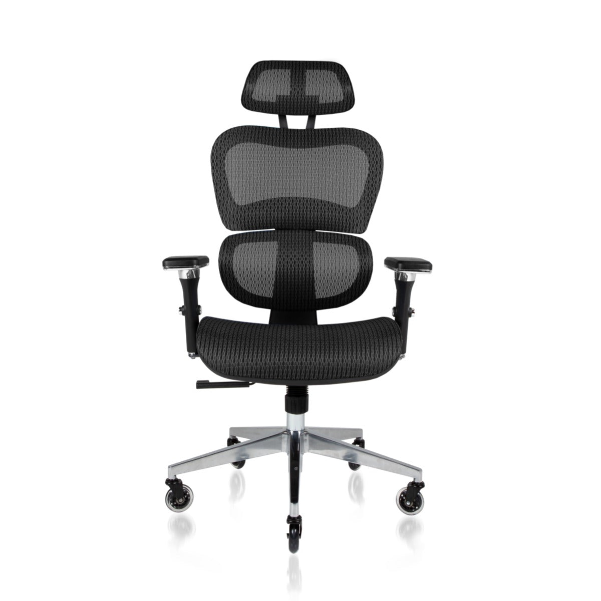NHO-0001BL-V2, Black ergonomic office chair with headrest on a white background