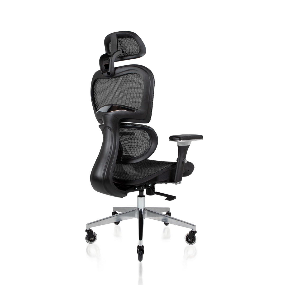 NHO-0001BL-V2, Black office chair with mesh backrest on a white background